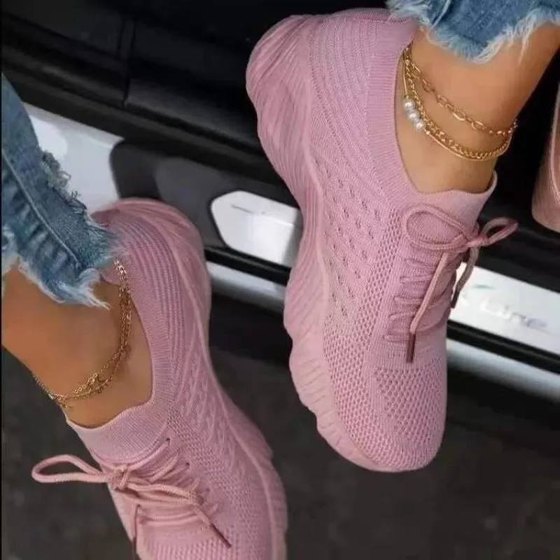 Knit Fabric Lace Up Sneakers - Sneakers Casual da Donna in Maglia