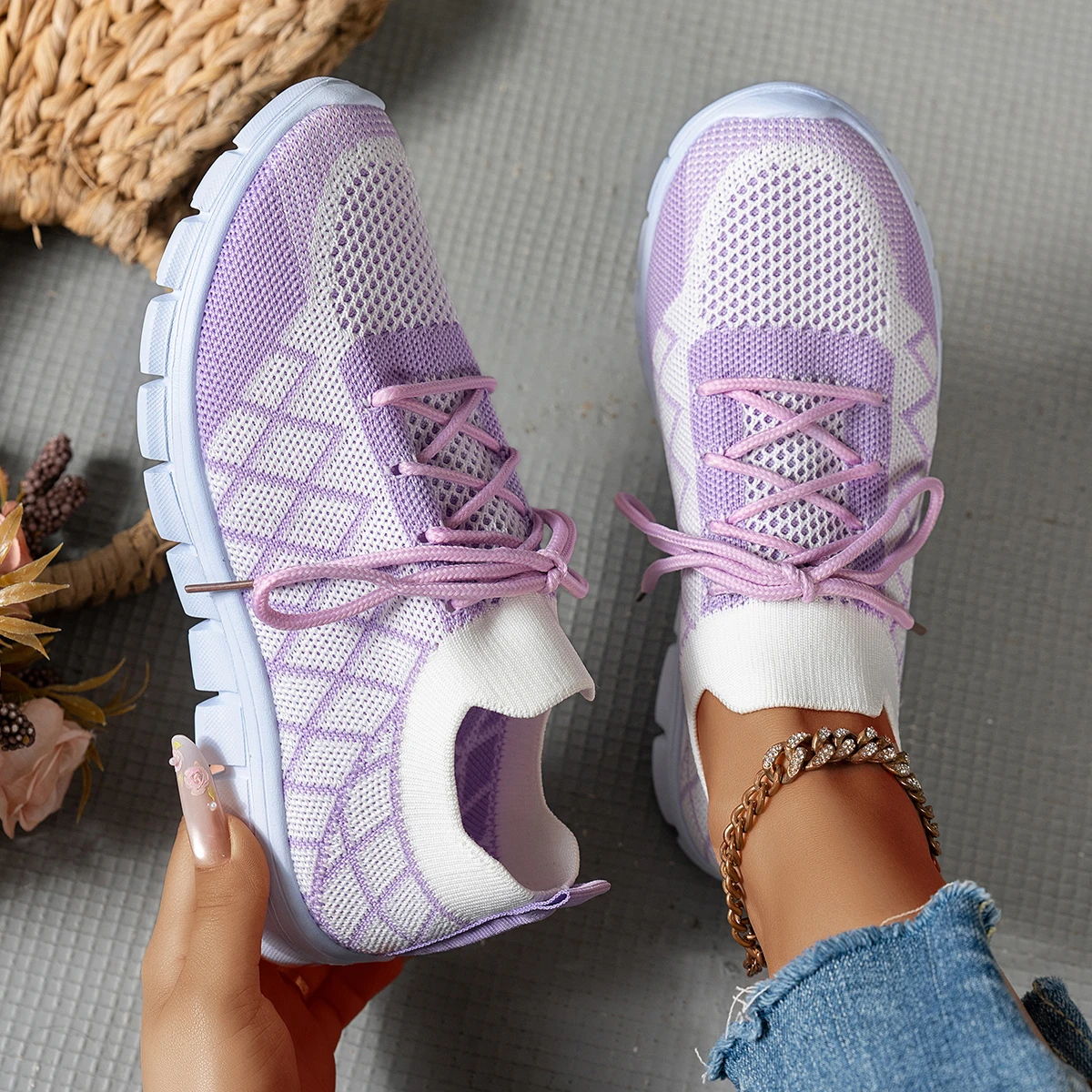 Knit Fabric Lace Up Sneakers - Sneakers da Donna in Maglia, Motivo